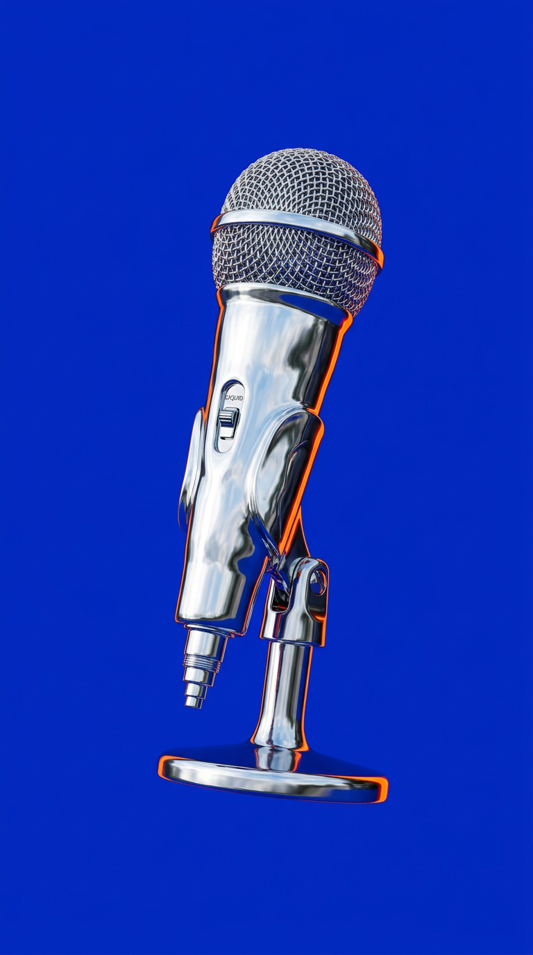 A broadcast microphone cast in liquid chrome on a short stand, lit along one edge in orange